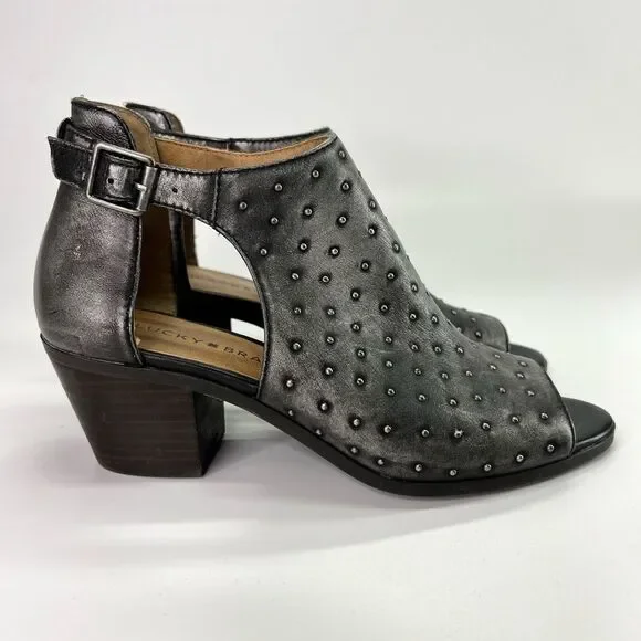Lucky Brand Barimo Open Toe Studded Leather Booties 7.5 Metallic Grey - Picture 9 of 16